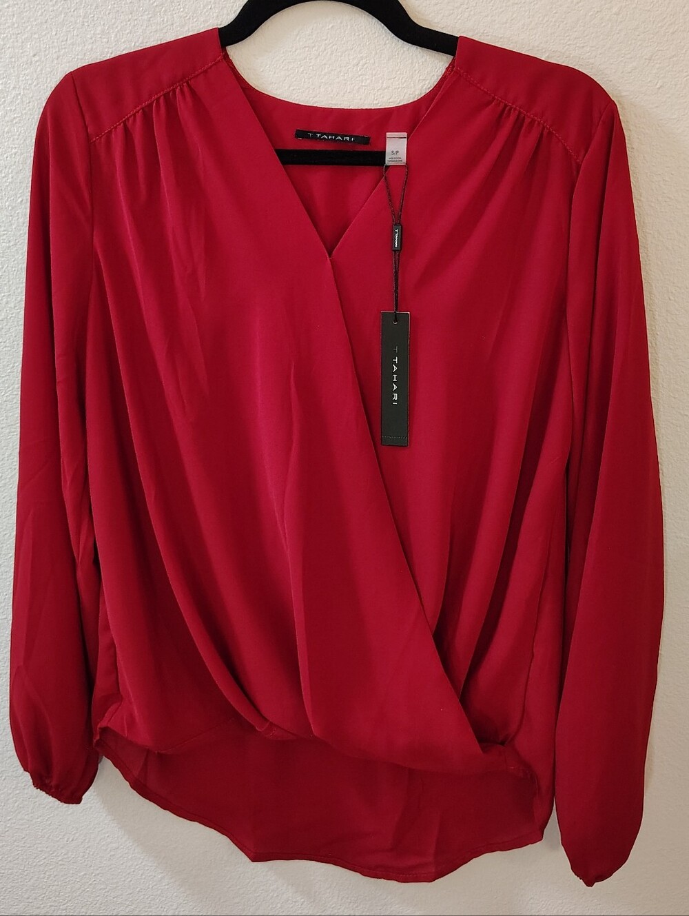 NWT ~ T Tahari Long-Sleeve Draped Wrap Blouse in Haute Red ~ Size Small ~ NEW
